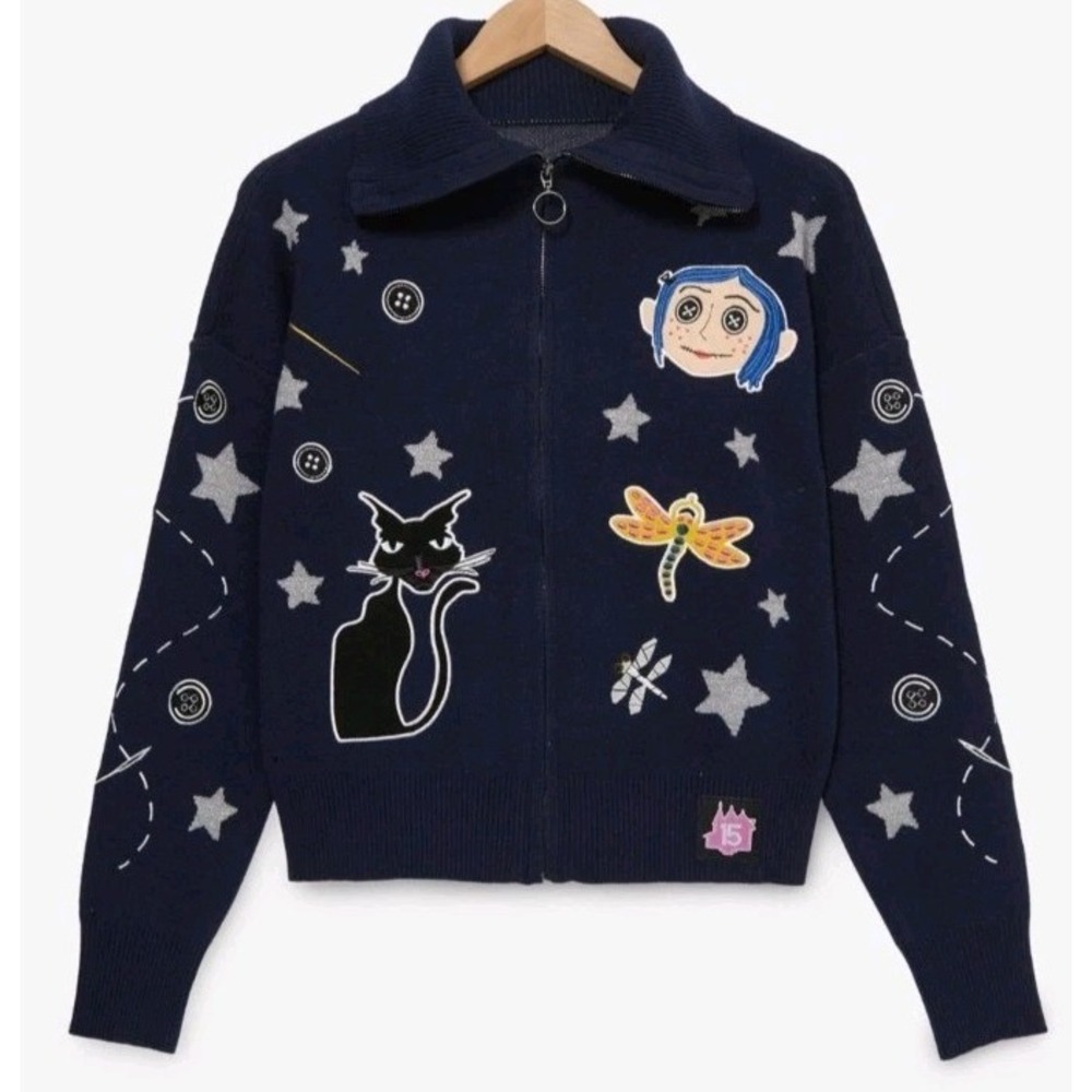 NEW Coraline Icons Embroidered Womens‎ Full Zip Sweater Medium Whimsigoth Grunge